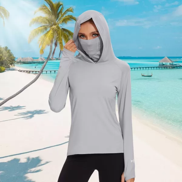 BASSDASH Womens UPF 50 Sun Protection Hoodie with Face Mask Neck Gaiter Breathable Long Sleeve Shirt for Hiking FishingLight Grey