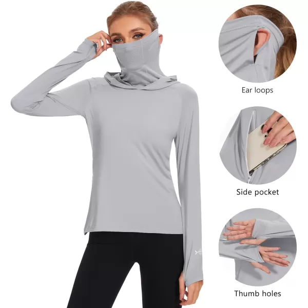 BASSDASH Womens UPF 50 Sun Protection Hoodie with Face Mask Neck Gaiter Breathable Long Sleeve Shirt for Hiking FishingLight Grey