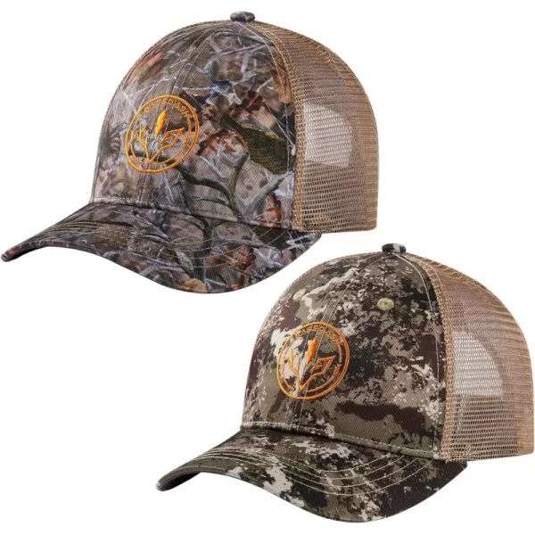 BASSDASH 2 Pack Altimate Fishing Hunting Hat Mesh Back for Men Women Adjustable Baseball Trucker Cap Camo Blaze OrangeAutumn Forest  Grunge Camo