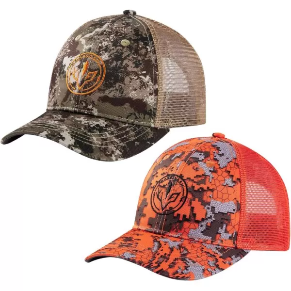 BASSDASH 2 Pack Altimate Fishing Hunting Hat Mesh Back for Men Women Adjustable Baseball Trucker Cap Camo Blaze OrangeGrunge Camo  Blaze Camo
