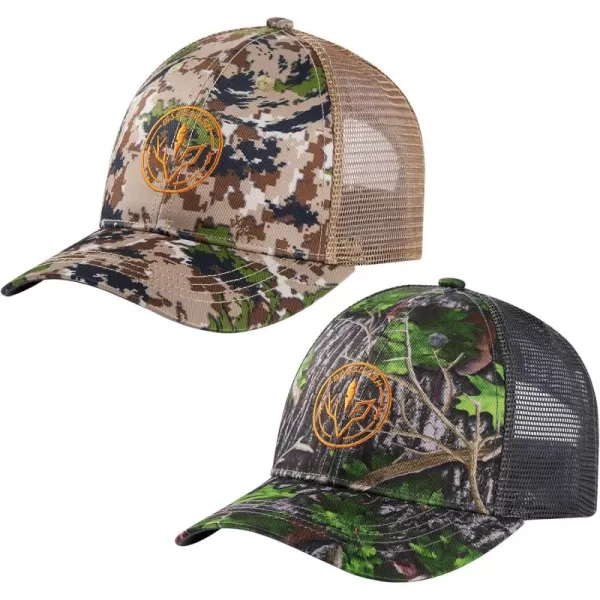 BASSDASH 2 Pack Altimate Fishing Hunting Hat Mesh Back for Men Women Adjustable Baseball Trucker Cap Camo Blaze OrangeHighland  Green Leaf