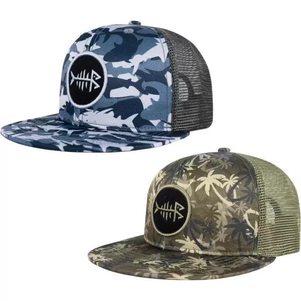 BASSDASH 2 Pack Flat Brim Trucker Cap Adjustable Snapback Hat Mesh Back for Men Women Fishing HuntingPack of 2  Shark Camo  Palm Tree Camo