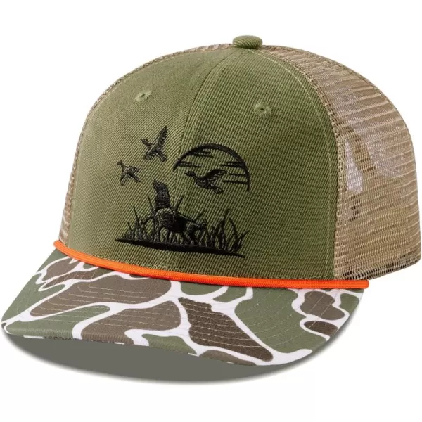 BASSDASH Camo Rope Trucker Hat Adjustable Embroidered Baseball Cap Mesh Back for Duck Deer Hunting Fly Fishing CampingArmy GreenDog  Duck