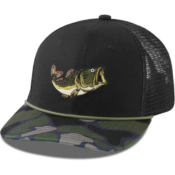 BASSDASH Camo Rope Trucker Hat Adjustable Embroidered Baseball Cap Mesh Back for Duck Deer Hunting Fly Fishing CampingBlackLargemouth Bass