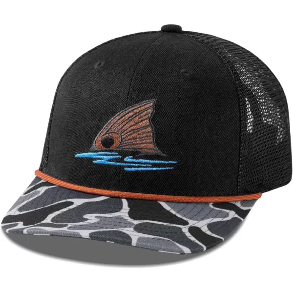 BASSDASH Camo Rope Trucker Hat Adjustable Embroidered Baseball Cap Mesh Back for Duck Deer Hunting Fly Fishing CampingBlackRed Fish