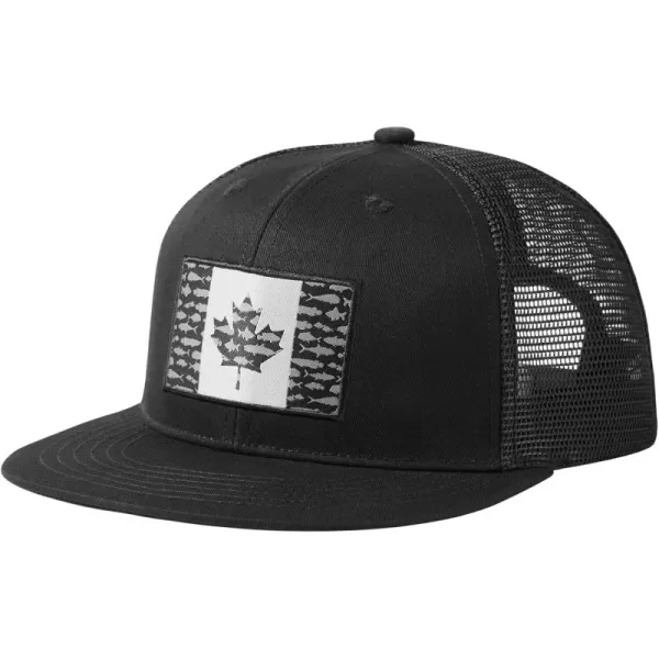 BASSDASH Flat Brim Trucker Cap Adjustable Snapback Hat Mesh Back for Men WomenBlack Fish Maple Flag