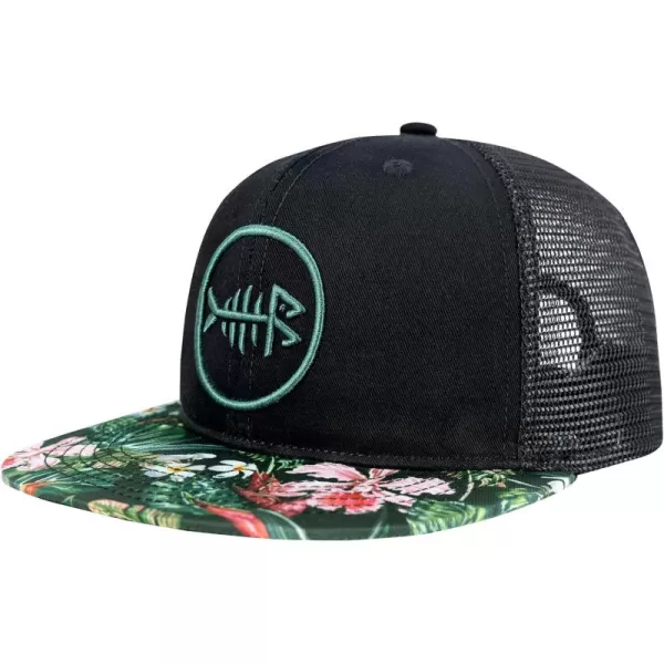 BASSDASH Flat Brim Trucker Cap Adjustable Snapback Hat Mesh Back for Men WomenBlackTropical Flower