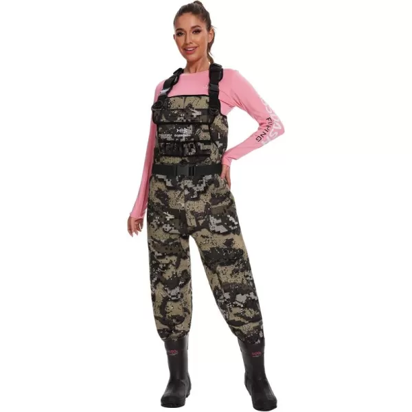 BASSDASH Women Neoprene Chest Waders Desolve Bare Camo for Fishing Hunting with 600 Grams Insulated Rubber Boot FootBoot Foot  Bare Camo