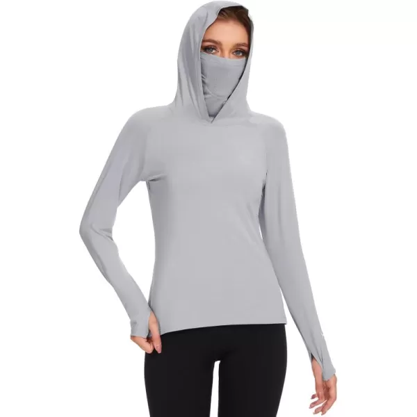 BASSDASH Womens UPF 50 Sun Protection Hoodie with Face Mask Neck Gaiter Breathable Long Sleeve Shirt for Hiking FishingLight Grey