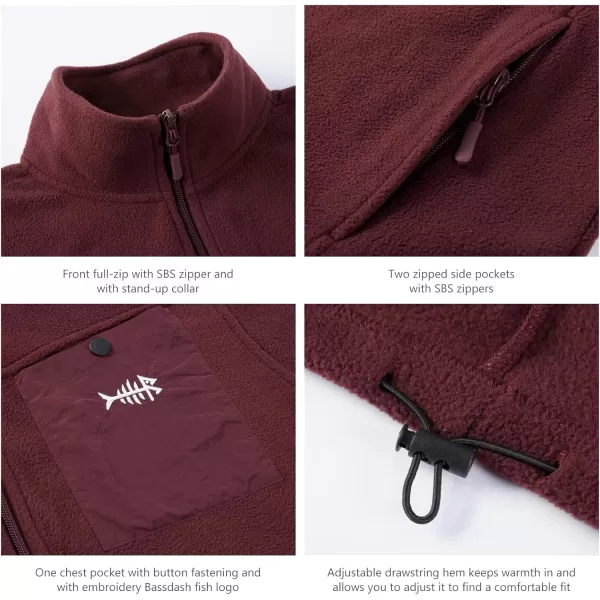 BASSDASH AllDay Mens Full Zip Fleece Jacket Soft Breathable MidWeight Polar Fleece Winter Coat with PocketsBurgundy