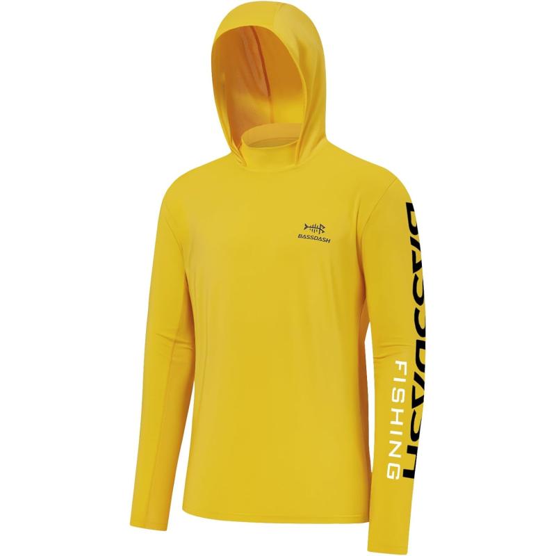 imageBASSDASH UPF 50 Mens UV Sun Protection Long Sleeve Performance Fishing Hoodie Hooded ShirtsAmberDark Blue