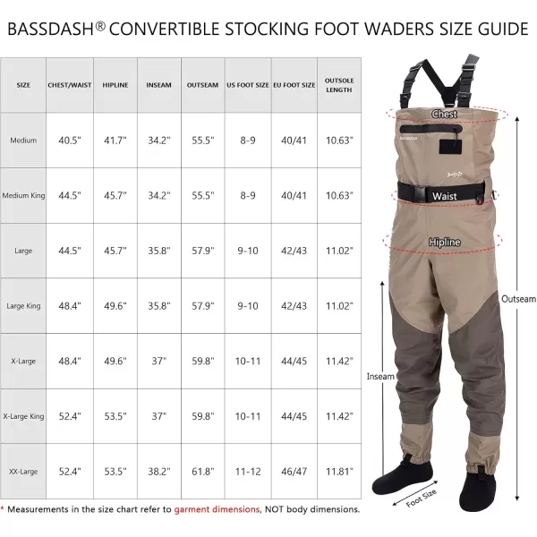 imageBASSDASH Mens Breathable Chest and Waist Convertible Waders for Fishing Hunting Stocking Foot and Boot Foot WadersXLarge