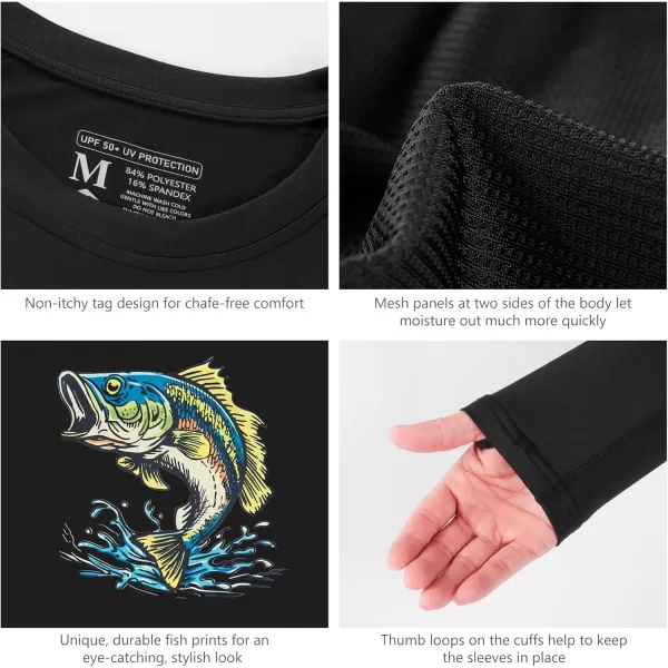 imageBASSDASH Mens Fish Graphic UPF 50 Long Sleeve Fishing Shirts Sun Protection Breathable Moisture Wicking TShirtBlackLargemouth Bass