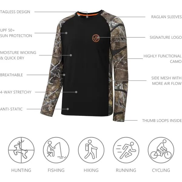 imageBASSDASH Mens Lightweight Camo Hunting Shirt UPF 50 Sun Protection Long Sleeve Hiking Fishing Performance Tee Mesh PanelsBlackAutumn Forest