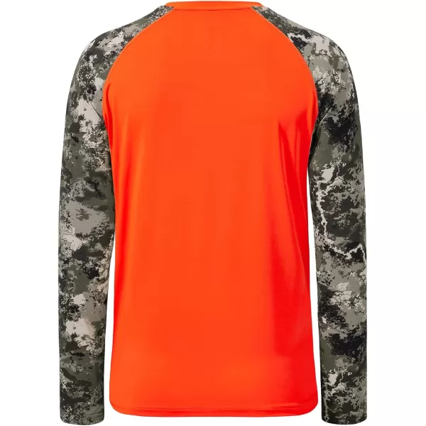 imageBASSDASH Mens Lightweight Camo Hunting Shirt UPF 50 Sun Protection Long Sleeve Hiking Fishing Performance Tee Mesh PanelsBlaze OrangeGrunge Camo