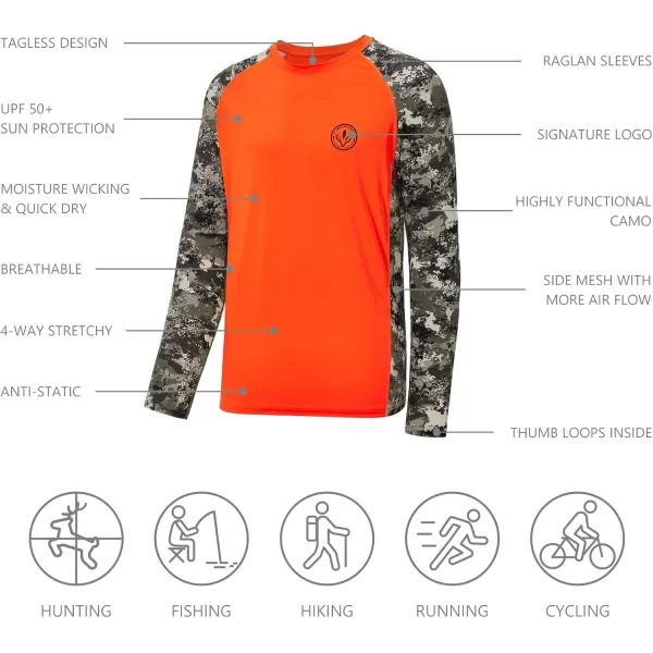 imageBASSDASH Mens Lightweight Camo Hunting Shirt UPF 50 Sun Protection Long Sleeve Hiking Fishing Performance Tee Mesh PanelsBlaze OrangeGrunge Camo