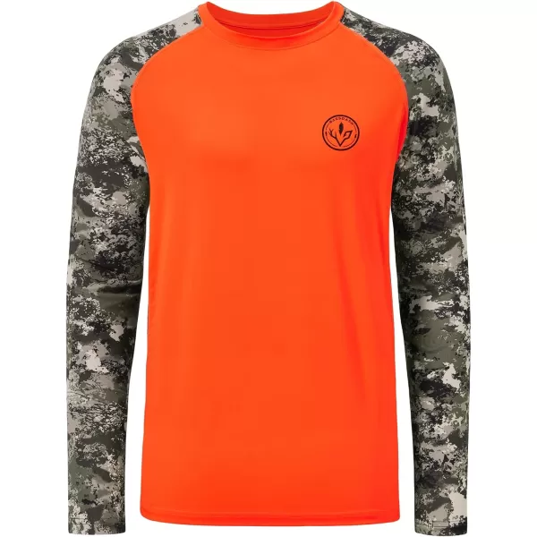 imageBASSDASH Mens Lightweight Camo Hunting Shirt UPF 50 Sun Protection Long Sleeve Hiking Fishing Performance Tee Mesh PanelsBlaze OrangeGrunge Camo