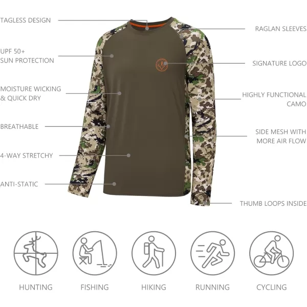 imageBASSDASH Mens Lightweight Camo Hunting Shirt UPF 50 Sun Protection Long Sleeve Hiking Fishing Performance Tee Mesh PanelsBrownHighland