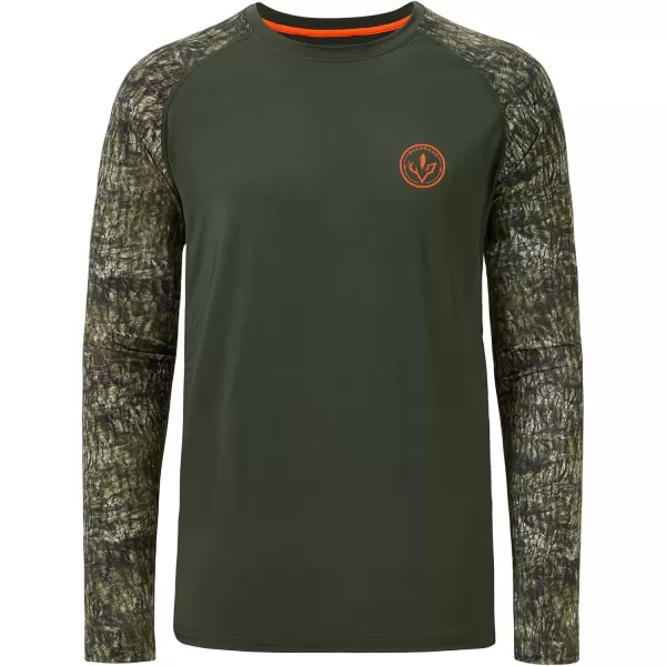 imageBASSDASH Mens Lightweight Camo Hunting Shirt UPF 50 Sun Protection Long Sleeve Hiking Fishing Performance Tee Mesh PanelsOlive GreenMossy Wood