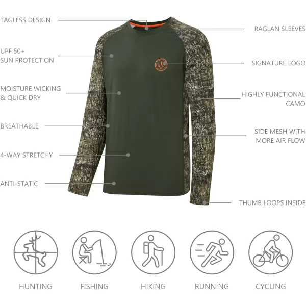 imageBASSDASH Mens Lightweight Camo Hunting Shirt UPF 50 Sun Protection Long Sleeve Hiking Fishing Performance Tee Mesh PanelsOlive GreenMossy Wood