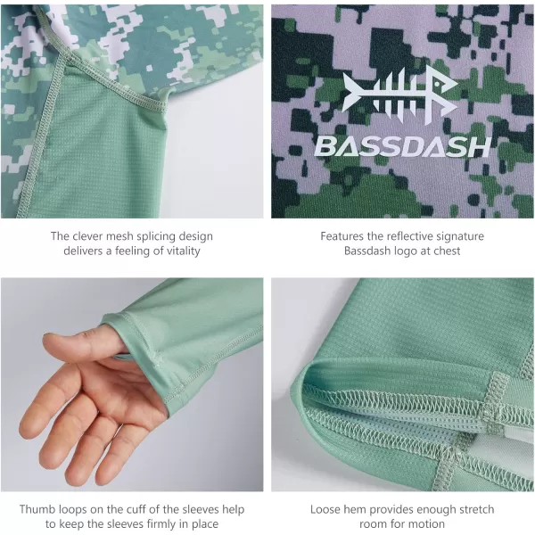 imageBASSDASH Mens UPF 50 Camo Fishing Shirt Quick Dry Long Sleeve Kayaking Hiking TShirtsGreen Digital Camo Gradient