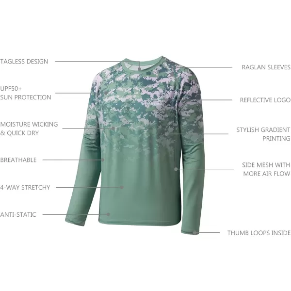 imageBASSDASH Mens UPF 50 Camo Fishing Shirt Quick Dry Long Sleeve Kayaking Hiking TShirtsGreen Digital Camo Gradient