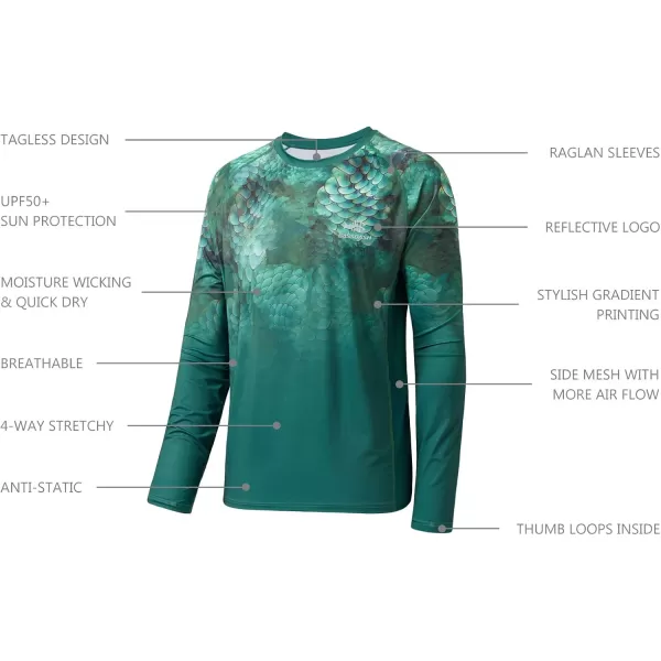 imageBASSDASH Mens UPF 50 Camo Fishing Shirt Quick Dry Long Sleeve Kayaking Hiking TShirtsGreen Scales Gradient