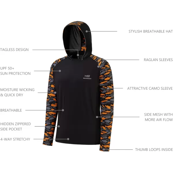 imageBASSDASH Mens UPF 50 Performance Fishing Shirt Cooling Hoodie Camo Long Sleeve FS17MBlackBlack  Orange Fishes