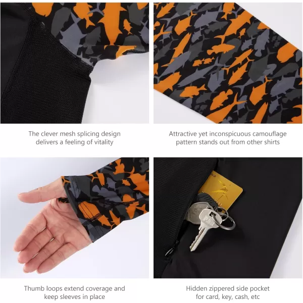 imageBASSDASH Mens UPF 50 Performance Fishing Shirt Cooling Hoodie Camo Long Sleeve FS17MBlackBlack  Orange Fishes