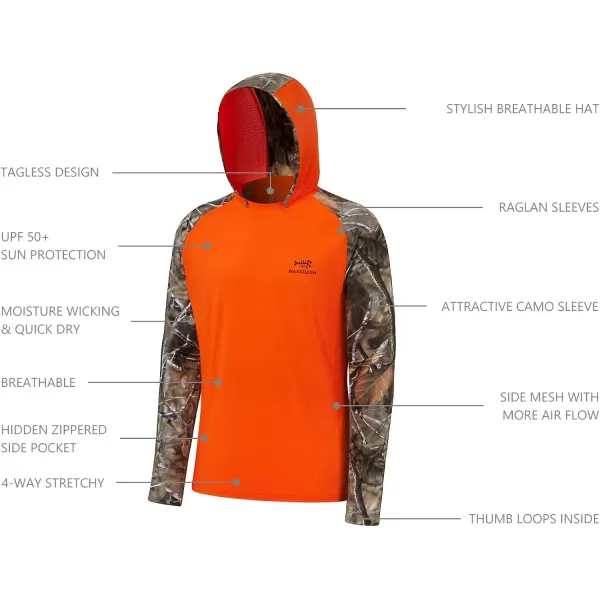 imageBASSDASH Mens UPF 50 Performance Fishing Shirt Cooling Hoodie Camo Long Sleeve FS17MBlaze OrangeAutumn Forest