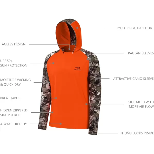 imageBASSDASH Mens UPF 50 Performance Fishing Shirt Cooling Hoodie Camo Long Sleeve FS17MBlaze OrangeGrunge Camo