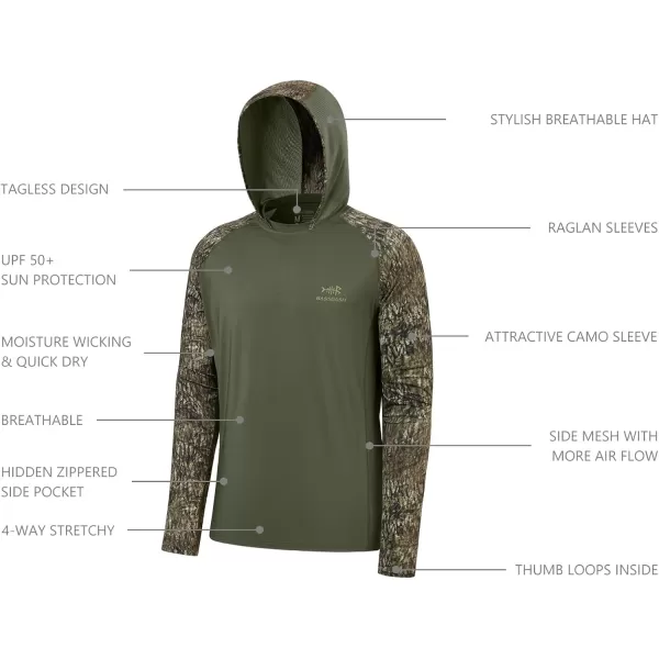 imageBASSDASH Mens UPF 50 Performance Fishing Shirt Cooling Hoodie Camo Long Sleeve FS17MOlive GreenMossy Wood
