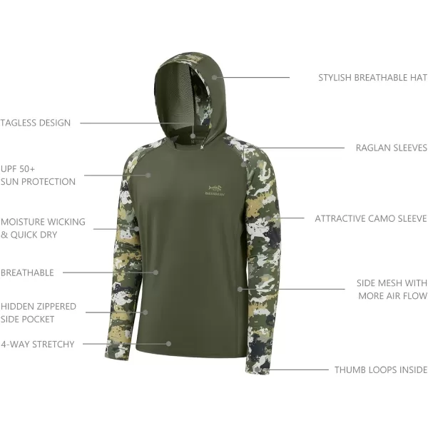 imageBASSDASH Mens UPF 50 Performance Fishing Shirt Cooling Hoodie Camo Long Sleeve FS17MOlive GreenTactical Camo