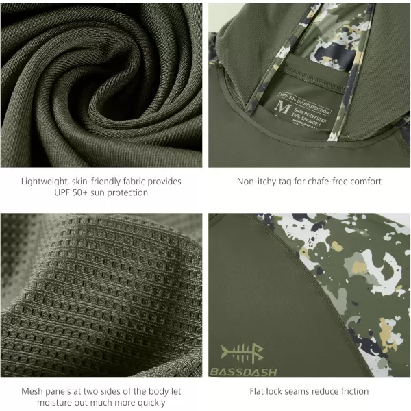 imageBASSDASH Mens UPF 50 Performance Fishing Shirt Cooling Hoodie Camo Long Sleeve FS17MOlive GreenTactical Camo