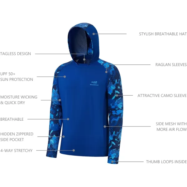 imageBASSDASH Mens UPF 50 Performance Fishing Shirt Cooling Hoodie Camo Long Sleeve FS17MRoyal BlueBlue Digital Camo