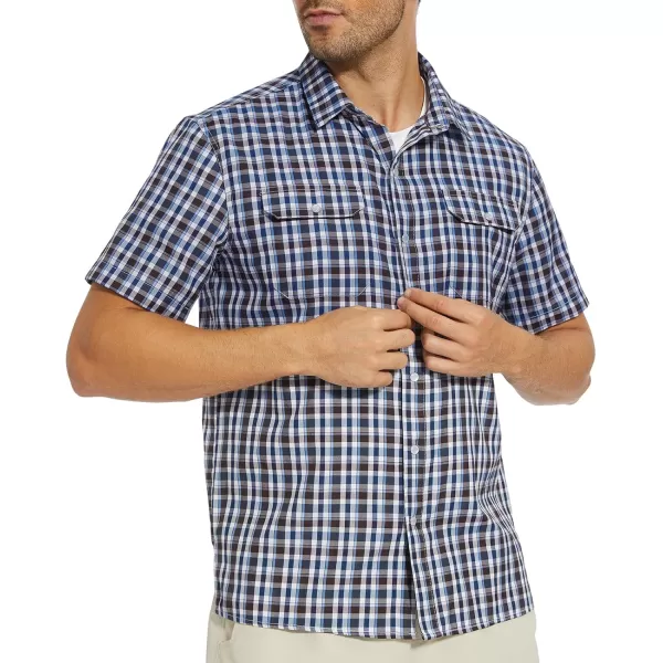 imageBASSDASH Mens UPF 50 Short Sleeve Plaid Checkered Snap Button Down Shirt Regular Fit Two Pockets Casual Dress Check ShirtsBlue and Brown Plaid