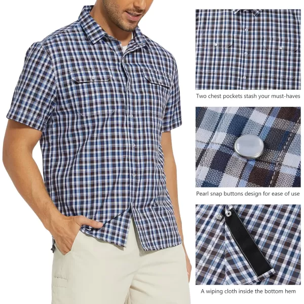 imageBASSDASH Mens UPF 50 Short Sleeve Plaid Checkered Snap Button Down Shirt Regular Fit Two Pockets Casual Dress Check ShirtsBlue and Brown Plaid