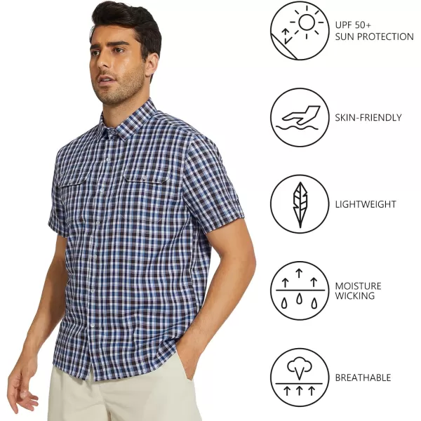 imageBASSDASH Mens UPF 50 Short Sleeve Plaid Checkered Snap Button Down Shirt Regular Fit Two Pockets Casual Dress Check ShirtsBlue and Brown Plaid