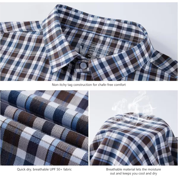 imageBASSDASH Mens UPF 50 Short Sleeve Plaid Checkered Snap Button Down Shirt Regular Fit Two Pockets Casual Dress Check ShirtsBlue and Brown Plaid