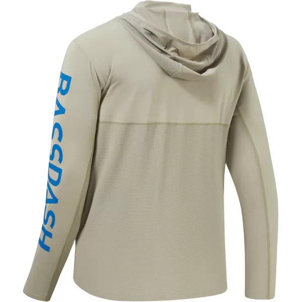 imageBASSDASH UPF 50 Mens UV Sun Protection Long Sleeve Performance Fishing Hoodie Hooded ShirtsLight KhakiVivid Blue