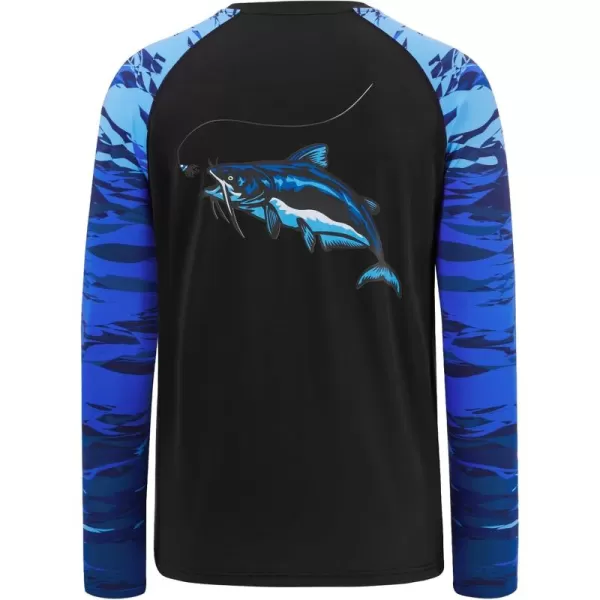 imageBASSDASH Mens Fish Graphic UPF 50 Long Sleeve Fishing Shirts Sun Protection Breathable Moisture Wicking TShirtBlackBlue Catfish