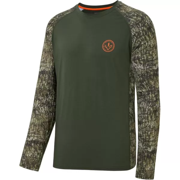 imageBASSDASH Mens Lightweight Camo Hunting Shirt UPF 50 Sun Protection Long Sleeve Hiking Fishing Performance Tee Mesh PanelsOlive GreenMossy Wood