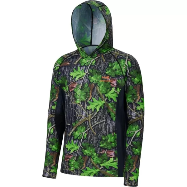 imageBASSDASH Mens UPF 50 Lightweight Hunting Camo Hoodie Quick Dry Performance Long Sleeve Fishing Shirt with Hood FS30MGreen Leaf