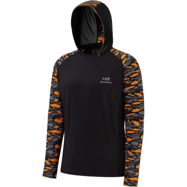 imageBASSDASH Mens UPF 50 Performance Fishing Shirt Cooling Hoodie Camo Long Sleeve FS17MBlackBlack  Orange Fishes
