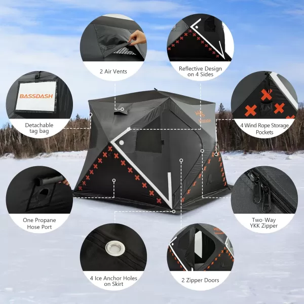 imageBASSDASH Ice Fishing Shelter Pop Up Portable Thermal Hub Tent with Anchors Tie Ropes Carrying Bag 23 34 PersonGreyBlack