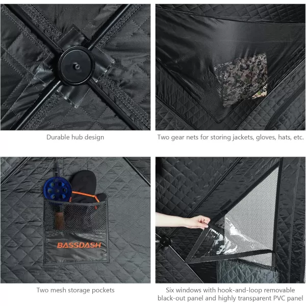 imageBASSDASH Ice Fishing Shelter Pop Up Portable Thermal Hub Tent with Anchors Tie Ropes Carrying Bag 23 34 PersonGreyBlack