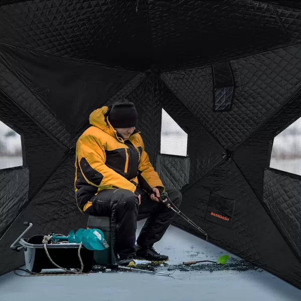 imageBASSDASH Ice Fishing Shelter Pop Up Portable Thermal Hub Tent with Anchors Tie Ropes Carrying Bag 23 34 PersonGreyBlack