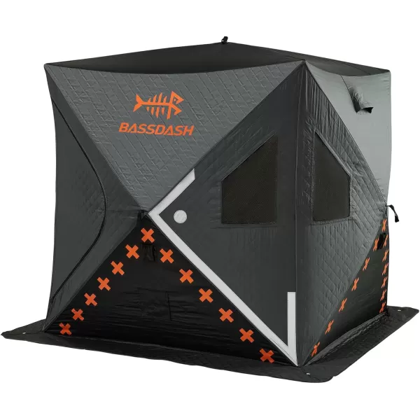 imageBASSDASH Ice Fishing Shelter Pop Up Portable Thermal Hub Tent with Anchors Tie Ropes Carrying Bag 23 34 PersonGreyBlack