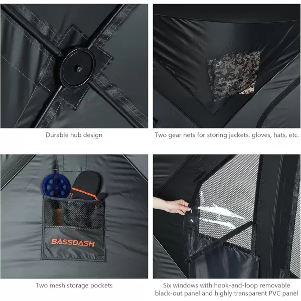 imageBASSDASH Ice Fishing Shelter Pop Up Portable Thermal Hub Tent with Anchors Tie Ropes Carrying Bag 23 34 PersonGreyBlack