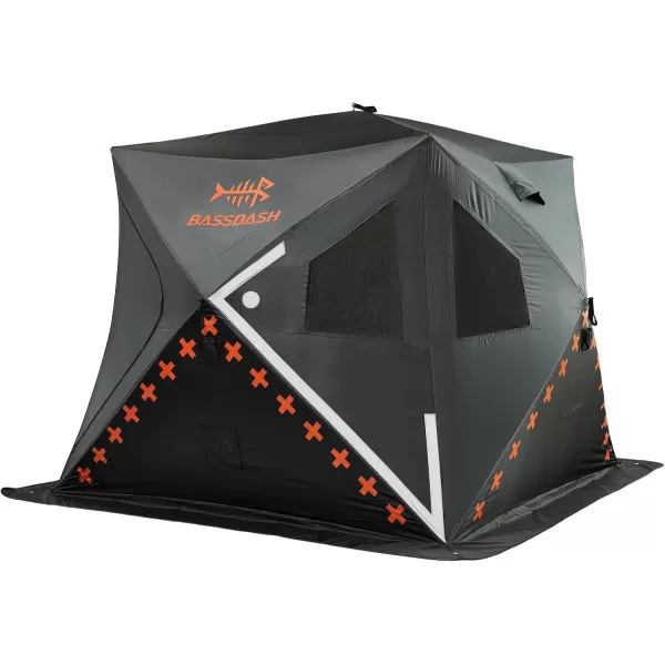 imageBASSDASH Ice Fishing Shelter Pop Up Portable Thermal Hub Tent with Anchors Tie Ropes Carrying Bag 23 34 PersonGreyBlack